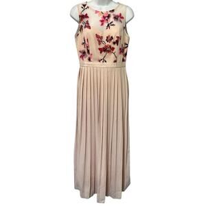 Little Mistress Cream Red Pink Embroidered Flowers Accordion Pleat Midi Dress 6